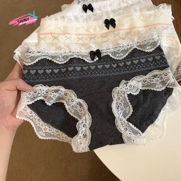 Culottes en dentelle à nœud papillon motif chat, taille mi-haute, en coton, lingerie douce pour femme