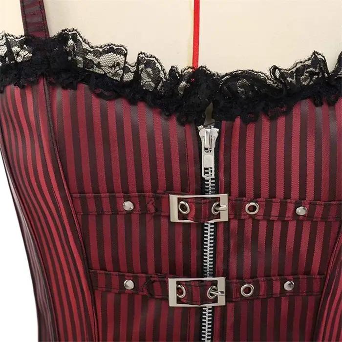 Camisole corset sexy en dentelle pour femmes, coupe basse, fermeture éclair, style punk rock, cosplay, vêtements gothiques, corps saillant, amincissant, haut rayé rouge