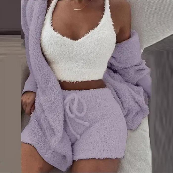 Ensemble pyjama moelleux pour femmes, vêtements de nuit décontractés, débardeur et short, grande taille, sweat à capuche, loisirs, hiver, 3 pièces