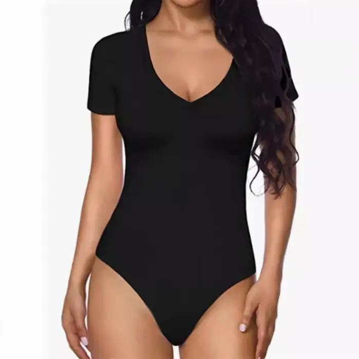 Combinaison moulante à manches courtes et col en V pour femmes, barboteuses sexy, body shapers, costume de batterie, salopette, nouveau, 2024