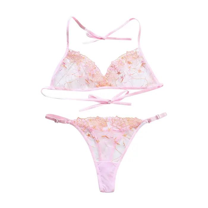 Français Sexy Dentelle Sous-Vêtements Érotiques Tenue Maille Brodée 2 Pièces Ensemble De Lingerie Pour Femmes Col Suspendu Soutien-Gorge Et Tongs tру zesіночі