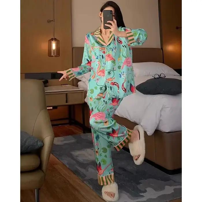 Pyjamas pour femmes au printemps et en été à manches longues, motifs de fleurs et d'oiseaux, haut de gamme, nouveau, luxueux, Sexy, confortable, décoration de maison