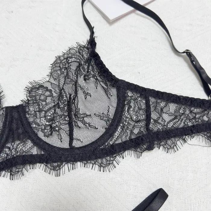 2025 Sexy pure dentelle cils Unline une couche dentelle Lingerie femme Lingerie soutien-gorge et culotte ensemble basique femmes sous-vêtements intimes