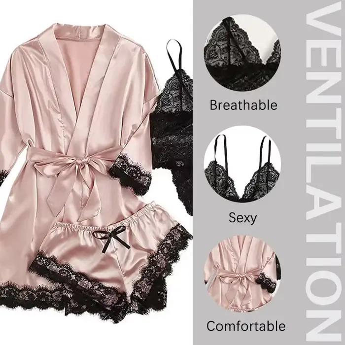 4 pièces femme vêtements de nuit pyjamas Ser avec Robe Sexy dentelle Lingerie peignoir soie Satin maison vêtements de nuit Robe