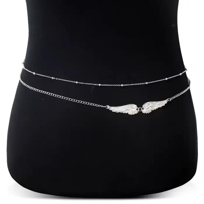 Chaîne de corps élégante à double couche avec ailes, breloque métallique, chaîne de taille avec perles dorées, ceinture de bikini pour la plage