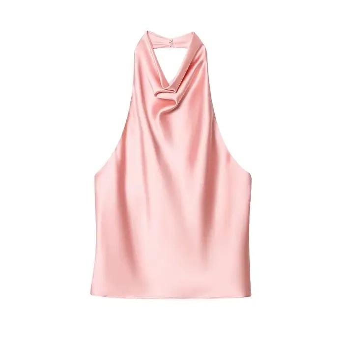 Dámský halter top 2026 – Saténový top s odhalenými zády v černé barvě