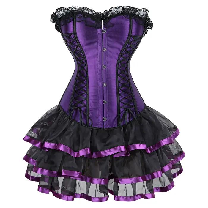 Robe Corset Gothique Sexy en Satin avec Lacets, Corset Steampunk avec Robe, Cosplay Club Violet