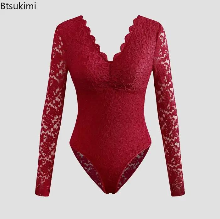 Combinaison sexy en dentelle pour femme 2026, couleur unie, manches longues, corset transparent, haut à volants, col en V, transparent, coupe ajustée, nouvelle collection automne