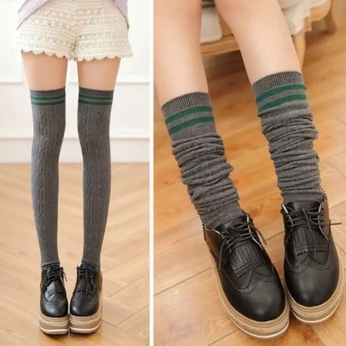 Bas en coton tricoté pour femmes, cuissardes hautes au-dessus du genou, bas longs en coton pour filles, chaussettes chaudes aux genoux, accessoire de vêtements