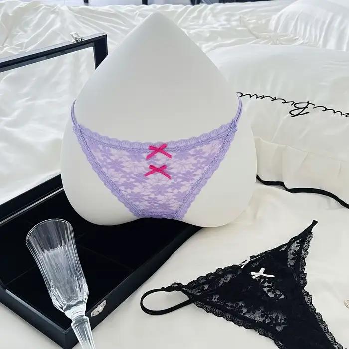 Culotte string transparente en dentelle pour femme, style doux, sans couture, avec découpes, fines bretelles en maille et nœud en dentelle, pour usage quotidien