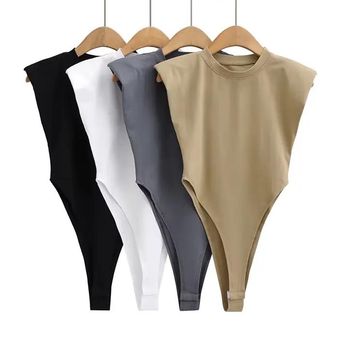 Body moulant une pièce pour femme, combinaison rembourrée à épaules, noir, sans manches, blanc, été, 2024