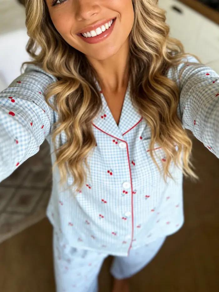 Pyjama femme à revers cranté, manches longues et pantalon, ensemble 2 pièces, imprimé cerises mignon, pour printemps, automne, hiver, vêtements d'intérieur