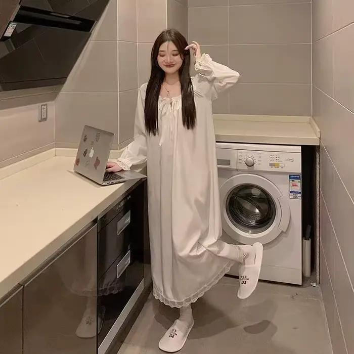 Chemises de nuit décontractées pour femmes, nouvelle robe de nuit à manches longues, grande taille, chemises de nuit blanches amples, pyjama pour femmes