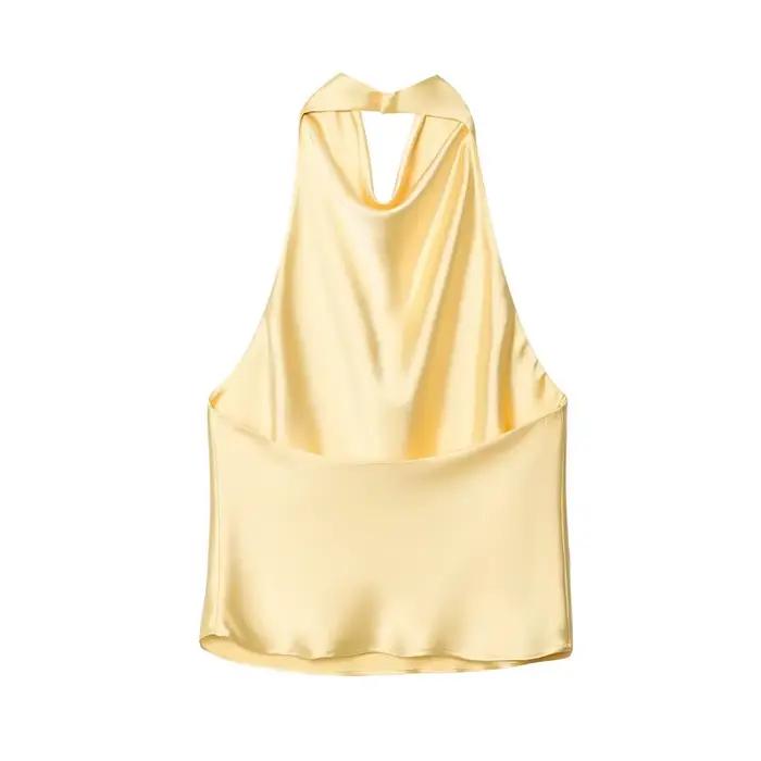 Dámský halter top 2026 – Saténový top s odhalenými zády v černé barvě