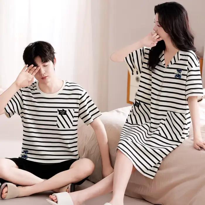Ensemble pyjama pour Couple, chemise de nuit 100 % coton rayé, manches courtes, nouvelle collection