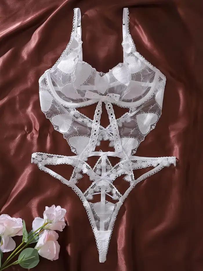Body transparent en maille pour femme avec broderie cœur, découpes ajourées, fin et respirant, lingerie sexy et gainante, vêtement de nuit