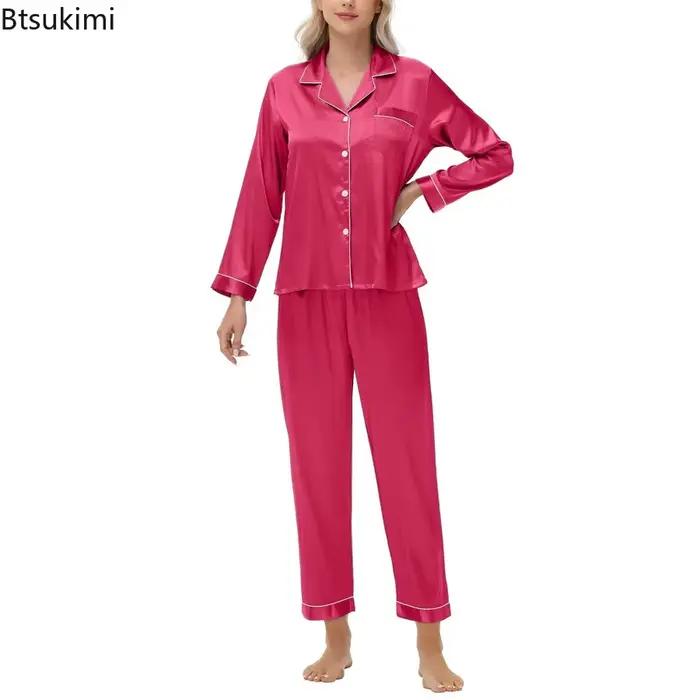Ensemble de pyjamas pour femmes, texture satinée douce et unie, tombé soyeux, manches longues et pantalon, vêtements de maison pour dormir et se détendre