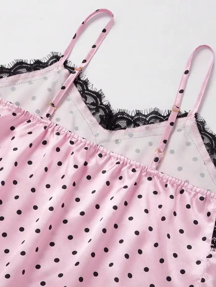 2 pièces pyjama costume femmes mode col en v Stretch Satin dentelle Sexy Lingerie nœud papillon pyjamas ensemble short et haut rose et point rond vêtements de nuit
