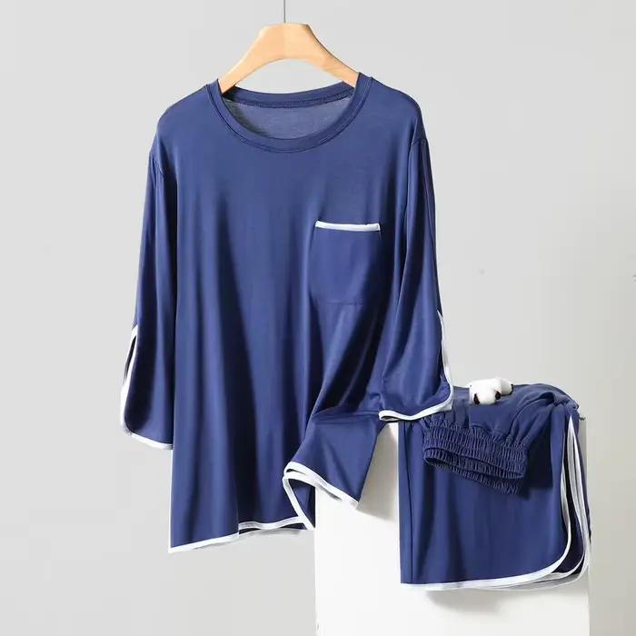 Pyjama en modal pour femmes, pyjama printemps-été, col rond, pantalon ample à manches 3/4, ensemble de vêtements de maison, ensemble de pyjama deux pièces