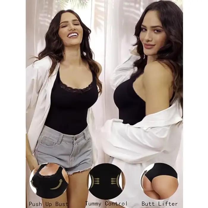 GUUDIA débardeur body dentelle col carré Shapewear body débardeur body contrôle du ventre string Cami body hauts large sangle
