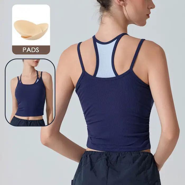 Constracting Soutien-gorge de sport dos nageur pour femme avec coussinets amovibles - Débardeur d'entraînement dos en maille, soutien-gorge intégré pour yoga, pilates, salle de sport