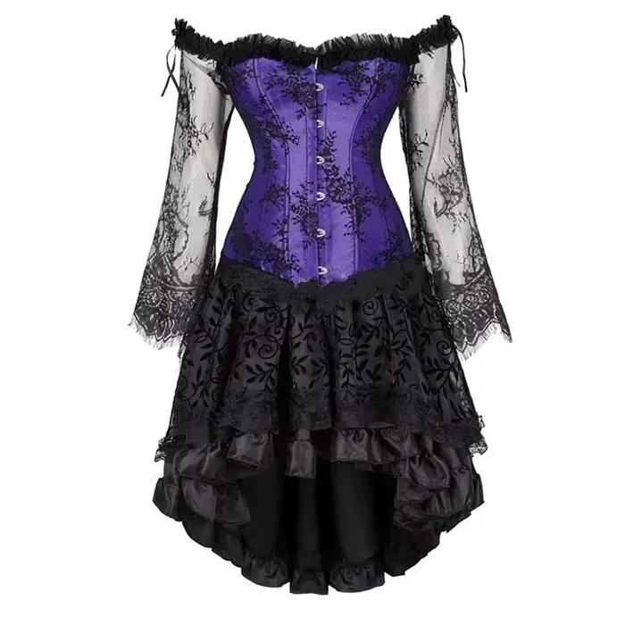 Robe Corset Gothique Florale à Manches Longues et Épaules Dénudées, Ensemble Haut Bustier et Jupe en Dentelle, Robe Bustier à Taille Cintrée