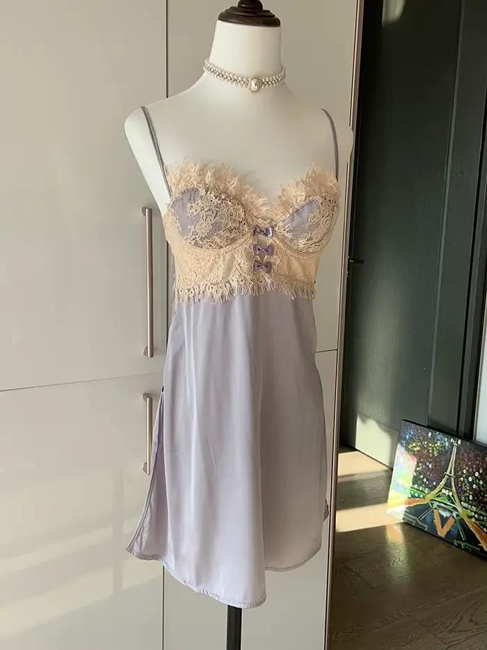 Vêtements de nuit violets pour dames, chemise de nuit à bretelles, Lingerie Sexy, cils en dentelle, pyjama en soie glacée, chemises de nuit de cour