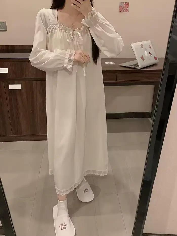 Chemises de nuit décontractées pour femmes, nouvelle robe de nuit à manches longues, grande taille, chemises de nuit blanches amples, pyjama pour femmes