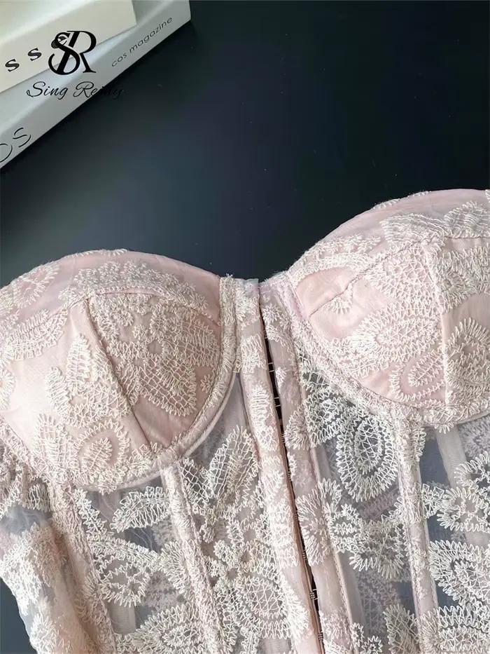 SINGREINY broderie florale Sexy haut de Club femme sans bretelles mince Corset dos nu débardeur français à lacets bases pure Camisole