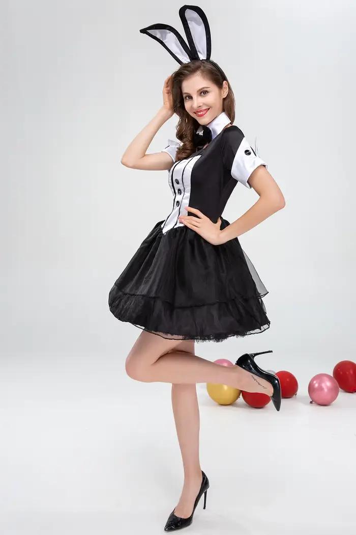 Costume de cosplay de lapine noire et blanche pour femme 2026 – Tenue de performance pour soirée, boîte de nuit, spectacle sur scène – Vente en gros de costumes à thème