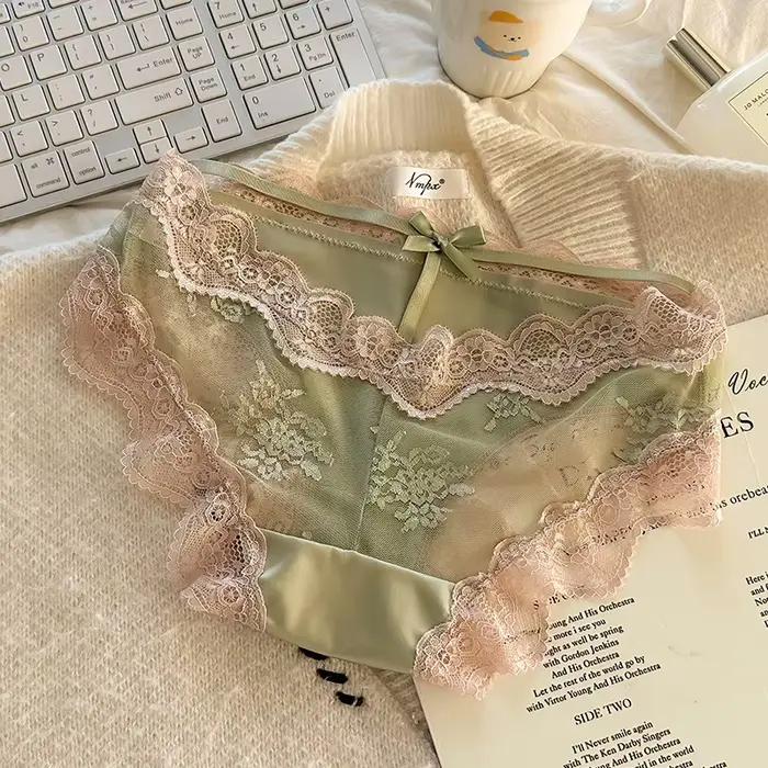 Culottes intimes pour femmes en satin français taille basse, coupe triangle, avec nœud et dentelle, entrejambe en coton ajouré respirant