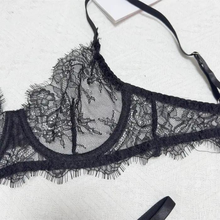 2025 Sexy pure dentelle cils Unline une couche dentelle Lingerie femme Lingerie soutien-gorge et culotte ensemble basique femmes sous-vêtements intimes