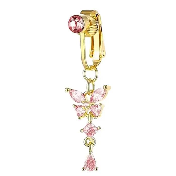 Clip sur nombril anneau papillon cuivre Zircon rose faux ventre Piercing ombilical nombril corps bijoux à la mode Style