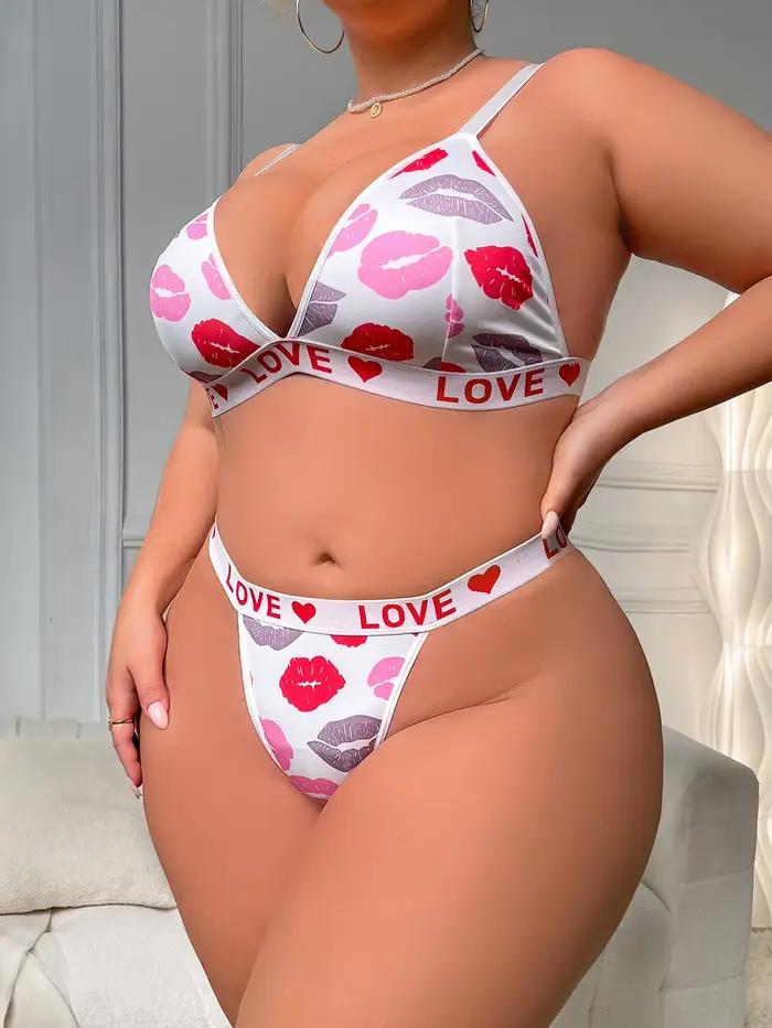 Ensemble de Lingerie Sexy imprimé lèvres pour femmes, Bralette et string à bonnets triangulaires français, sous-vêtements de soutien plus laides