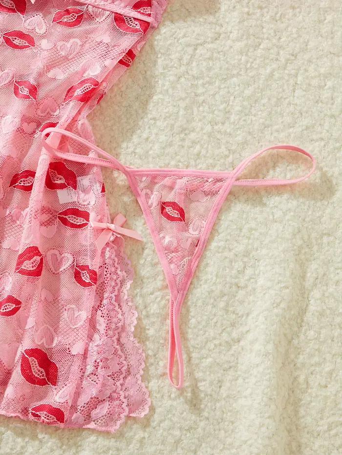 Chemise de nuit rose à imprimé lèvres pour femmes, élégante et confortable, lingerie de nuit avec nœud