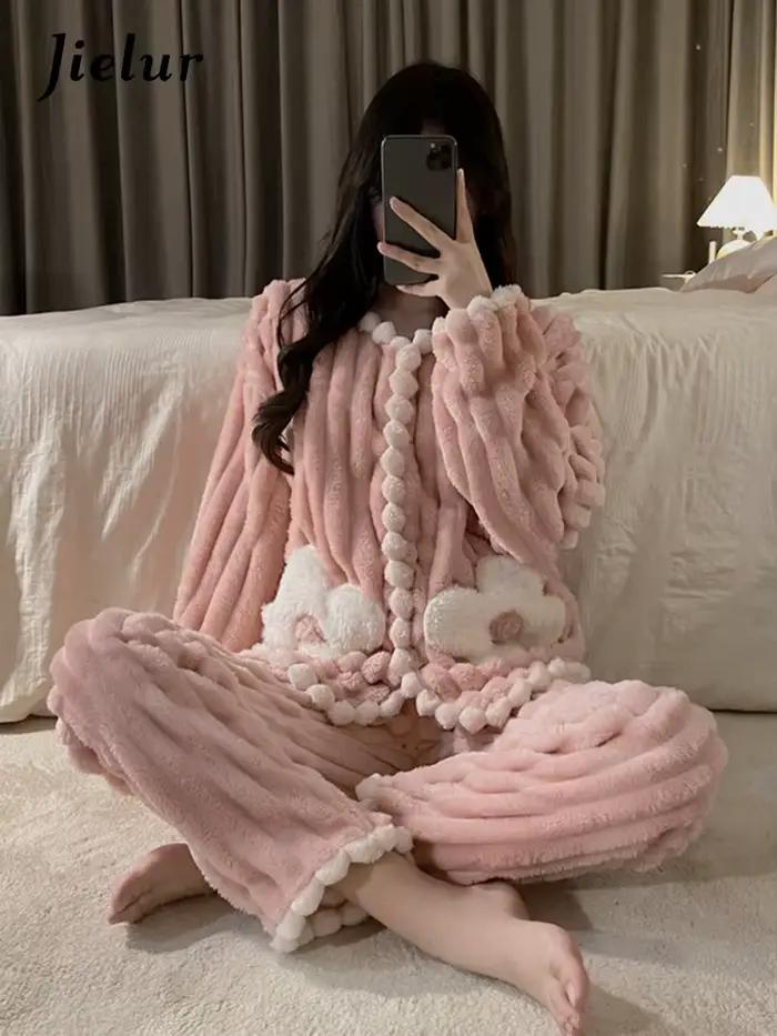 Jielur – pyjama d'hiver en flanelle pour femmes, couleur unie, vêtements chauds, épais, ensemble cardigan, vêtements de nuit, nouvelle collection