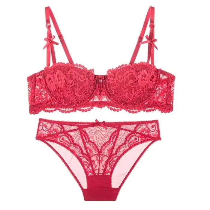 Ensemble de soutien-gorge en dentelle de Noël – Bralette transparente noire et rouge, demi-tasse ultra fine, look Pure Desire, sous-vêtements Tushy, lingerie de fête de Noël