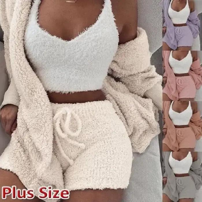 Ensemble pyjama moelleux pour femmes, vêtements de nuit décontractés, débardeur et short, grande taille, sweat à capuche, loisirs, hiver, 3 pièces