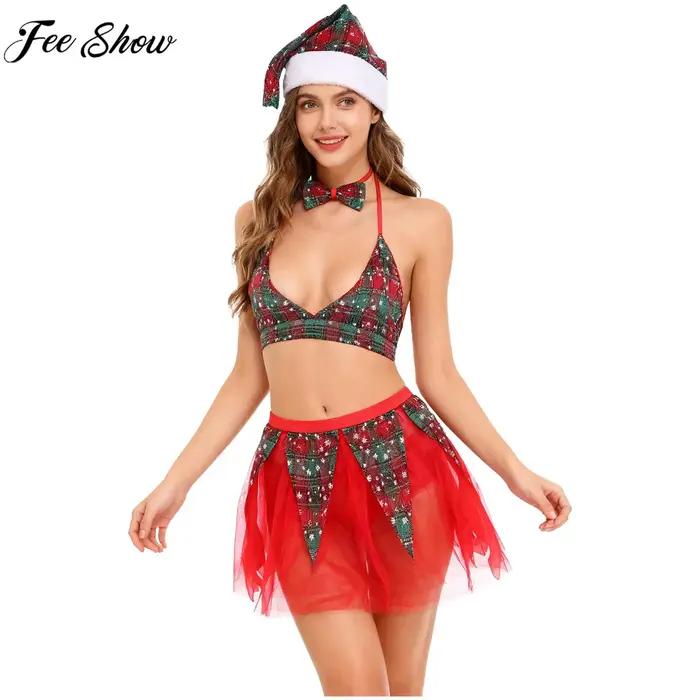 Ensemble de Lingerie Sexy de noël pour femmes, soutien-gorge à carreaux avec mini-jupe en Tulle, chapeau à nœud papillon, Costume de Cosplay du père noël, vêtements de nuit de vacances