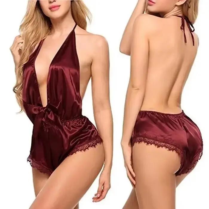 Ensemble de vêtements de nuit pour femmes, col en v profond, body ouvert en dentelle, Lingerie Sexy en Satin, vêtements de nuit lisses semblables à la soie