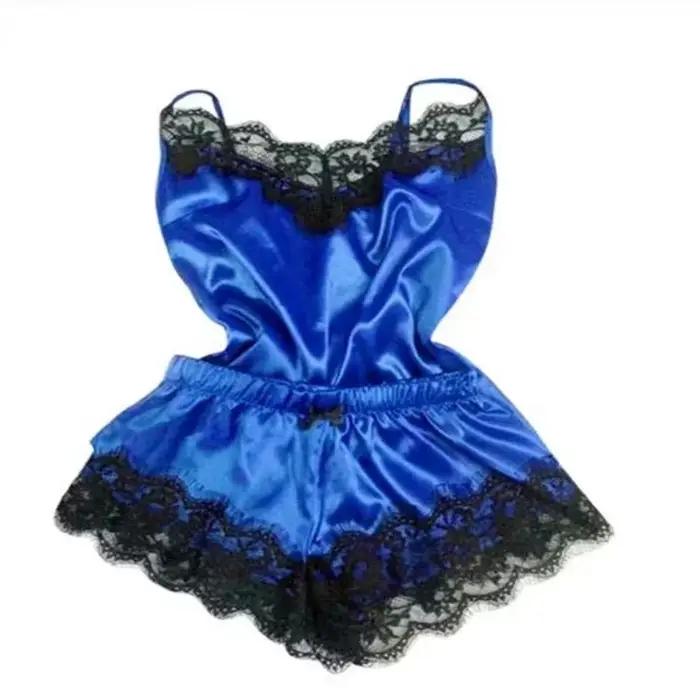 Ensemble pyjama en Satin et dentelle pour femmes, vêtements de nuit, col en v, extensible, Lingerie Sexy, bretelles, haut, short, vêtements de nuit