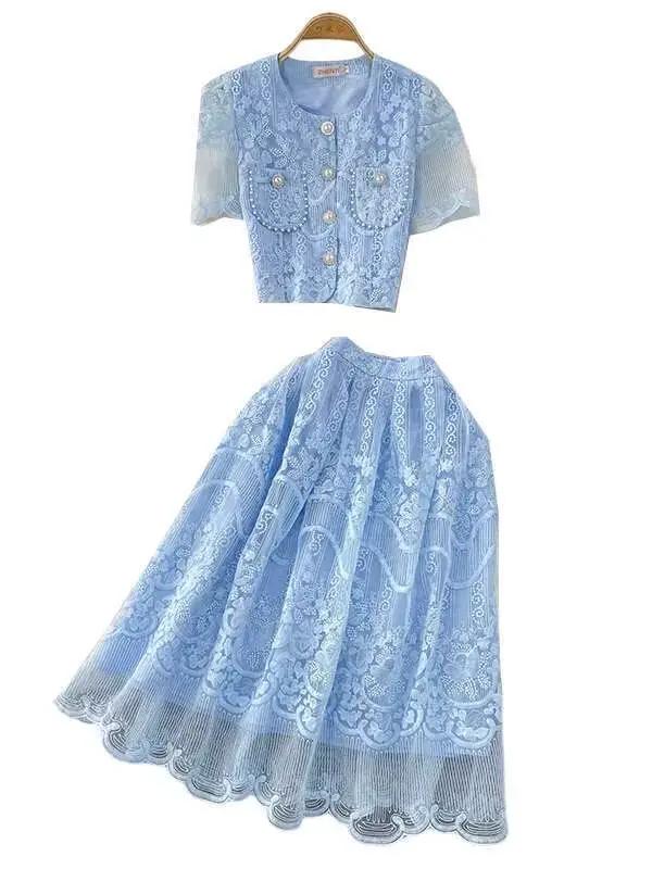 Robe longue élégante en perles pour femmes, ensemble 2 pièces, chemise en dentelle brodée de fleurs, manches courtes, jupe mi-longue trapèze, été