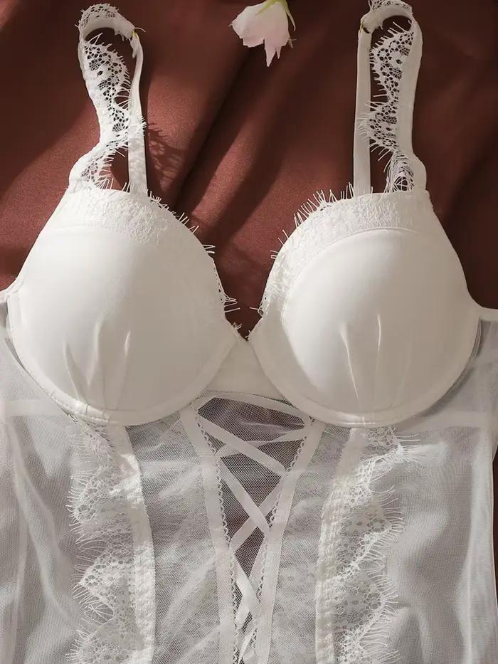 Ensemble de lingerie féminine blanc : Bustier corset sexy, serre-taille avec string, lingerie érotique transparente, babydoll