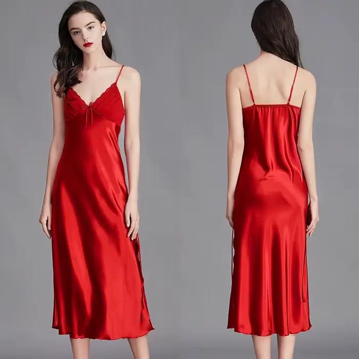 Chemises de nuit pour femmes longues sans manches robes de nuit Satin soie Chemise Lingerie robe Slip vêtements de nuit sexy Chemise de nuit pour dames