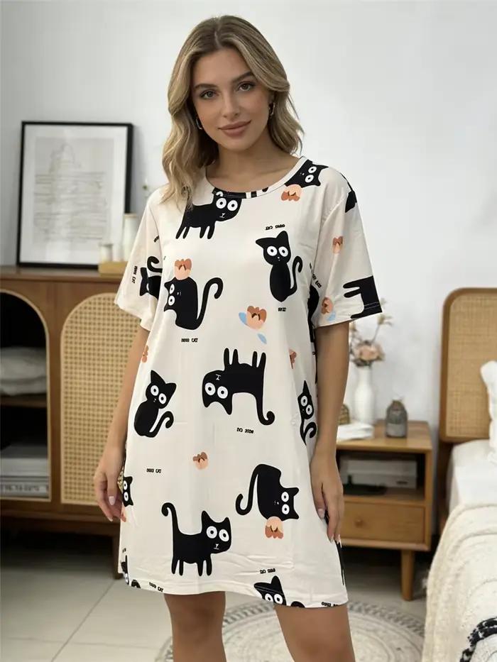Chemise de nuit pour femmes, imprimé chat noir, ample, grande taille, robe courte d'été, chemise de nuit sexy pour femmes, vêtements de nuit pour filles
