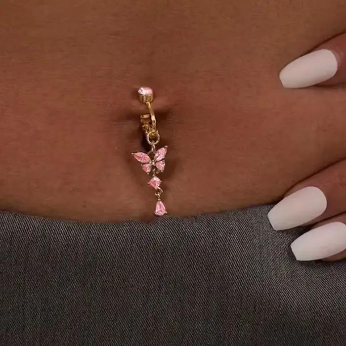 Clip sur nombril anneau papillon cuivre Zircon rose faux ventre Piercing ombilical nombril corps bijoux à la mode Style