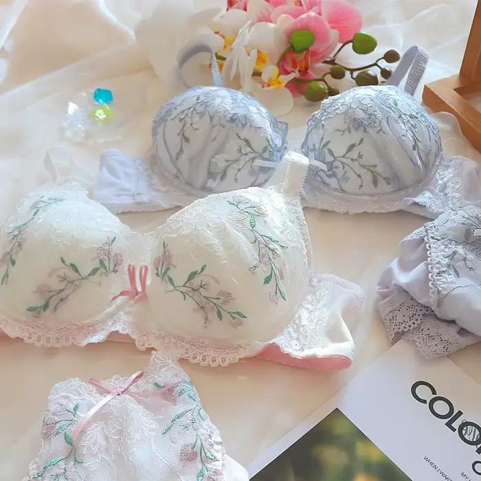Ensemble de Lingerie en dentelle brodée florale pour femmes, mince et rond, pour la maison, avec anneau en acier, soutien-gorge, caleçon, costume