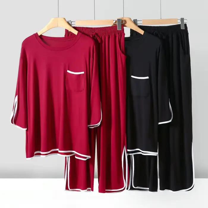 Pyjama en modal pour femmes, pyjama printemps-été, col rond, pantalon ample à manches 3/4, ensemble de vêtements de maison, ensemble de pyjama deux pièces