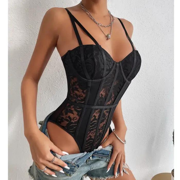 Nouveau Body Sexy en Dentelle 2026 pour Femme – Haut Élégant Moulant Côtelé Noir et Blanc Tendance pour l'Été
