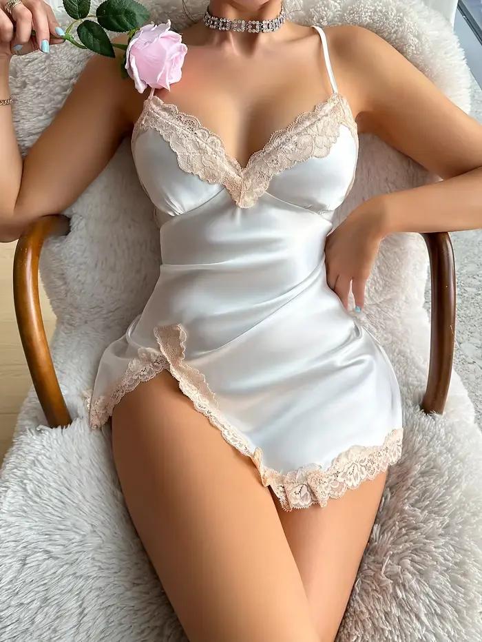 Abonnés-Robe de nuit en satin de dentelle pour femmes, V profond, dos nu, à lacets fendus, robe de nuit Slip, vêtements de nuit